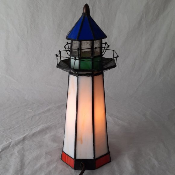 Vintage Tiffany-Stained Glass Blue, Red, Green Light House - 9.75" tall - Picture 2 of 6